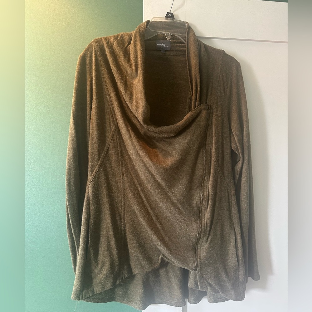 Cozy Olive Green Drape Front Zipper Sweater